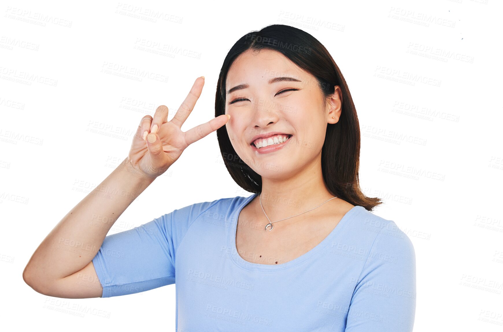 Buy stock photo Peace, sign and woman with portrait or smile for emoji or support isolated on a png transparent background. Face, happy or Asian person with gesture, v hand or expression for motivation or confidence