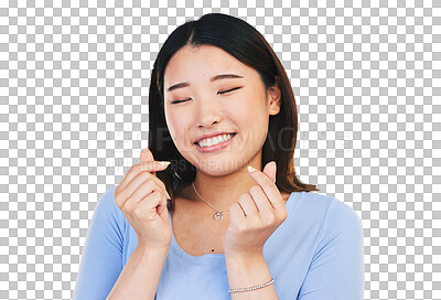 Buy stock photo Happy asian woman, face and love sign or hand gesture for romance isolated on transparent png background. Gen z girl with smile, romantic emoji and heart icon with kpop symbol for valentines day.