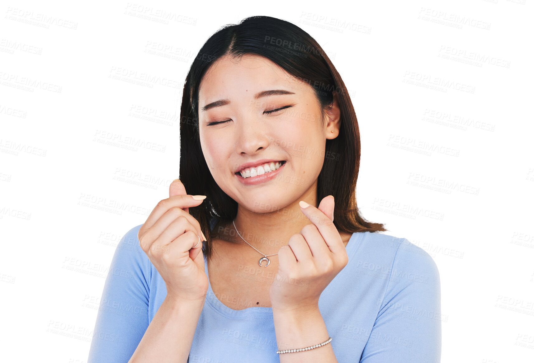 Buy stock photo Happy asian woman, face and love sign or hand gesture for romance isolated on transparent png background. Gen z girl with smile, romantic emoji and heart icon with kpop symbol for valentines day.