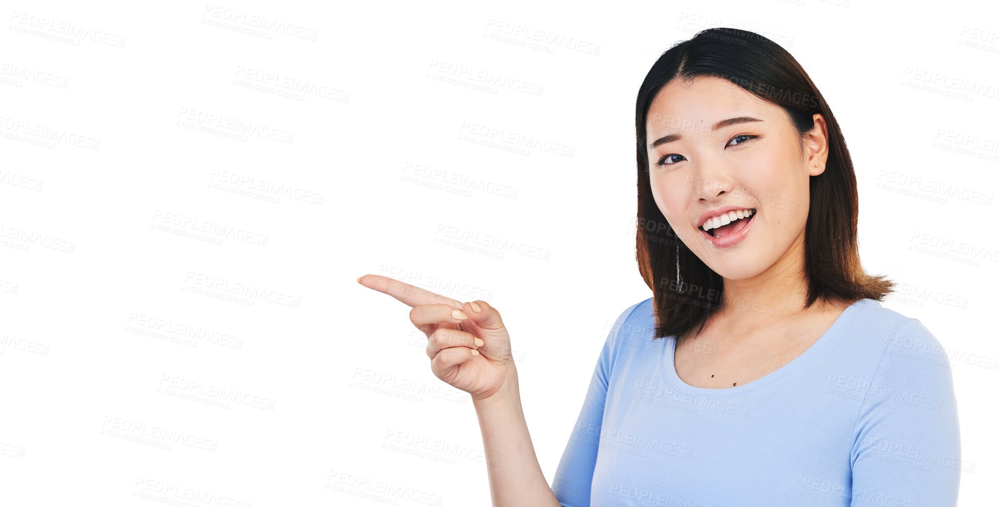 Buy stock photo Asian woman, pointing and portrait with smile isolated on transparent png background for promo, news or review. Face of happy girl with announcement, opinion or feedback with choice, decision or vote