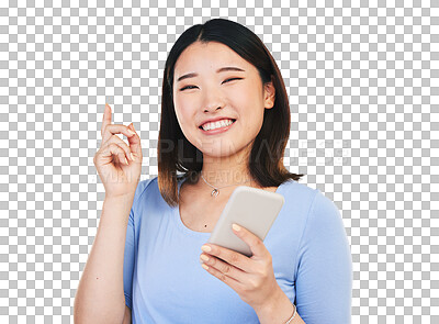 Buy stock photo Portrait, smile and Asian woman with ideas, smartphone and decision isolated on a transparent background. Face, Japanese person and model with cellphone, thinking and solution with opportunity or png