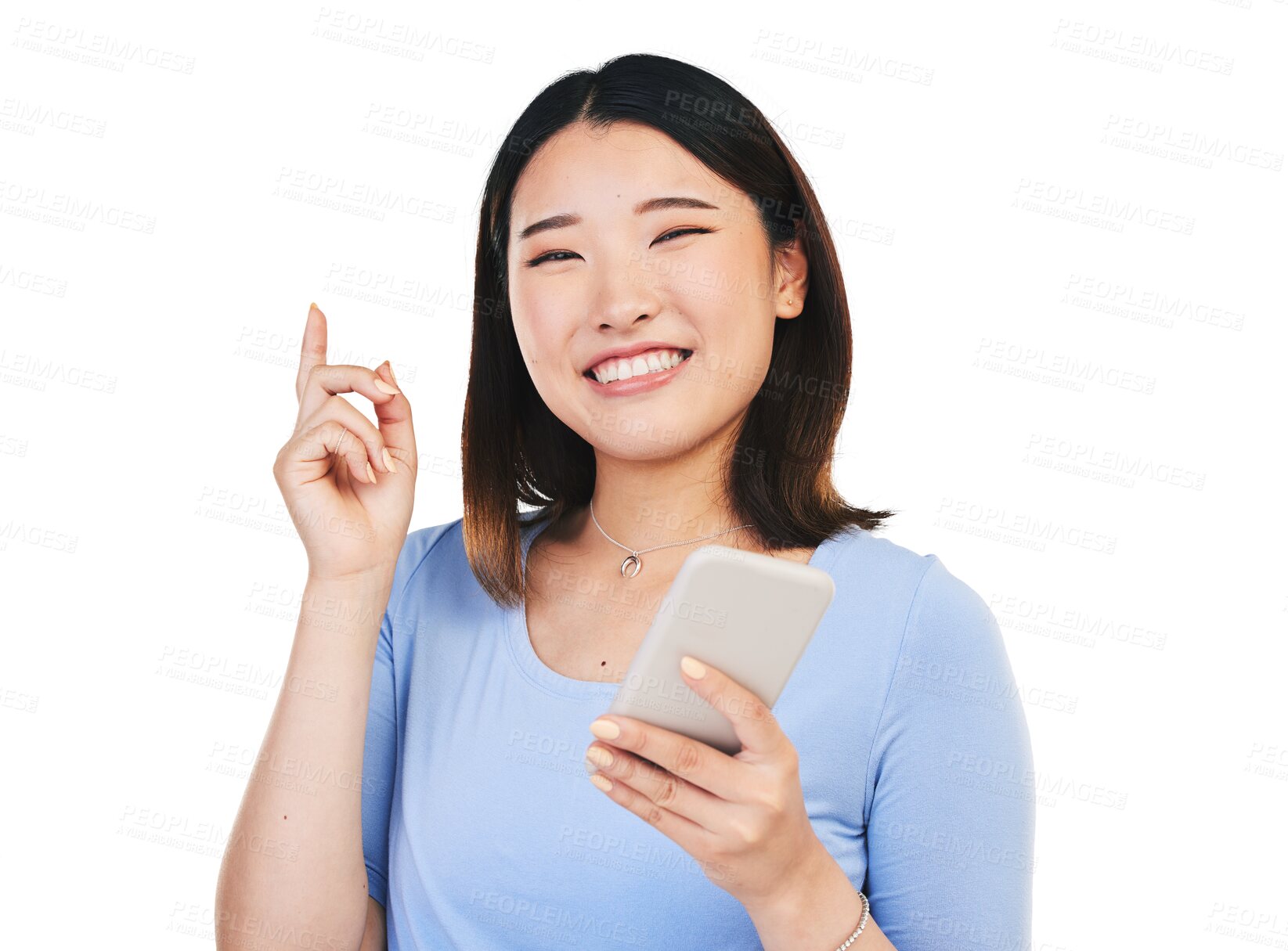 Buy stock photo Portrait, smile and Asian woman with ideas, smartphone and decision isolated on a transparent background. Face, Japanese person and model with cellphone, thinking and solution with opportunity or png