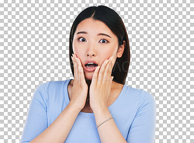 Buy stock photo Asian woman, portrait and scared with surprise from announcement or news isolated on png transparent background. Shocked, face and person in danger with fear and facial expression, hands or reaction