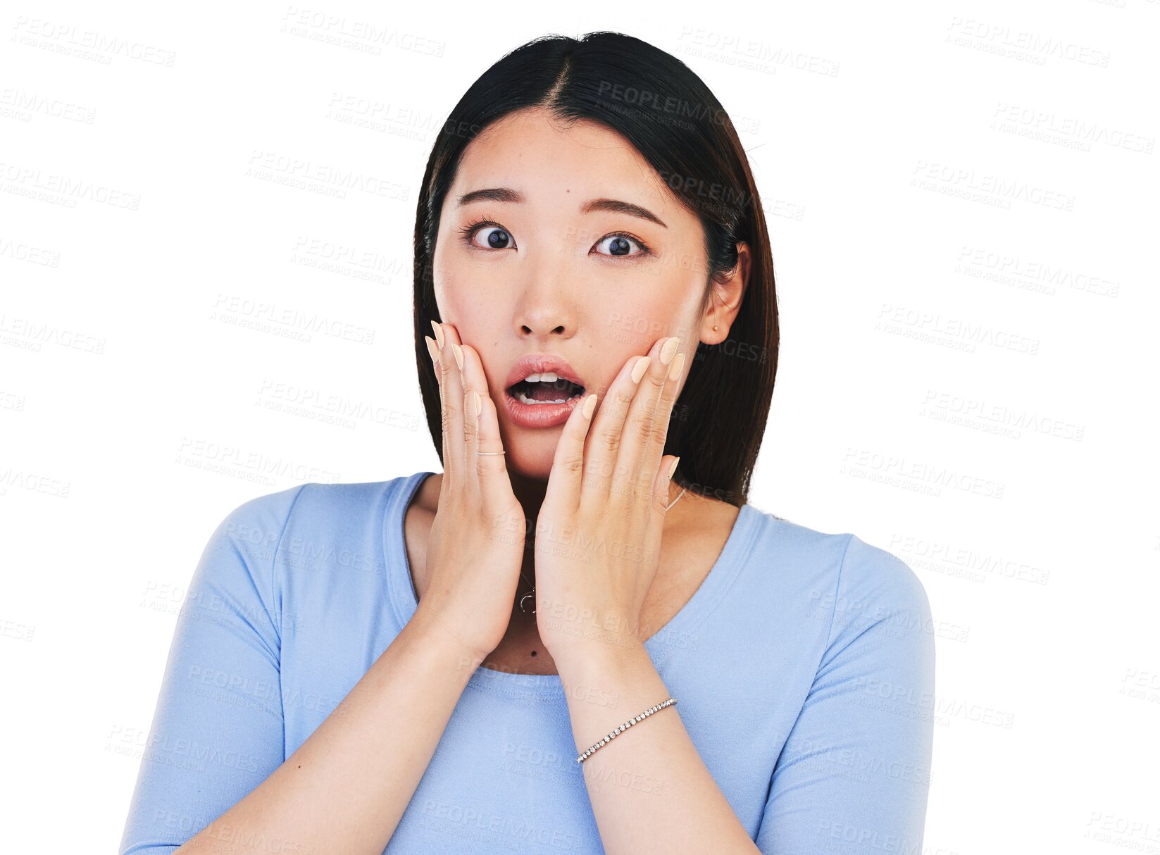 Buy stock photo Asian woman, portrait and scared with surprise from announcement or news isolated on png transparent background. Shocked, face and person in danger with fear and facial expression, hands or reaction