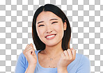 Happy, Asian and portrait of a woman on a blue background for co