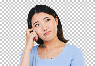 Buy stock photo Portrait, smile and Asian woman with ideas, planning and decision isolated on transparent background. Face, Japanese person or model with problem solving, thinking or solution with opportunity or png