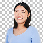 Happy, smile and portrait of Asian woman in a studio with a natu