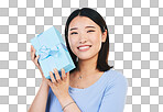 Happy, Asian woman and portrait with a gift, box and present on