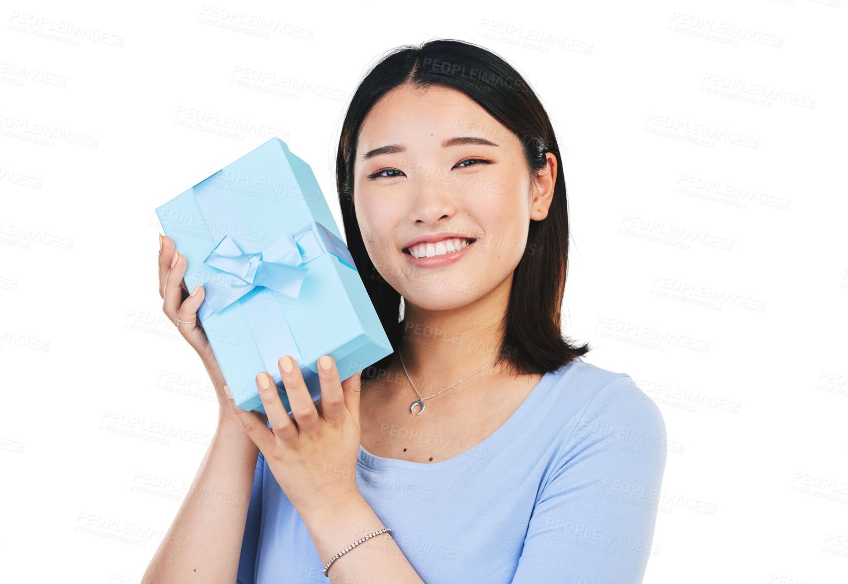 Buy stock photo Woman, portrait and present box happy for birthday gift or event package, shopping or isolated on transparent png background. Asian person, face and smile for prize giving, retail surprise or ribbon