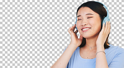 Buy stock photo Smile, headphones and woman or music, chilling and streaming radio or isolated on transparent png background. Happy asian person, podcast and hearing audio or song, playlist and sound for relaxing