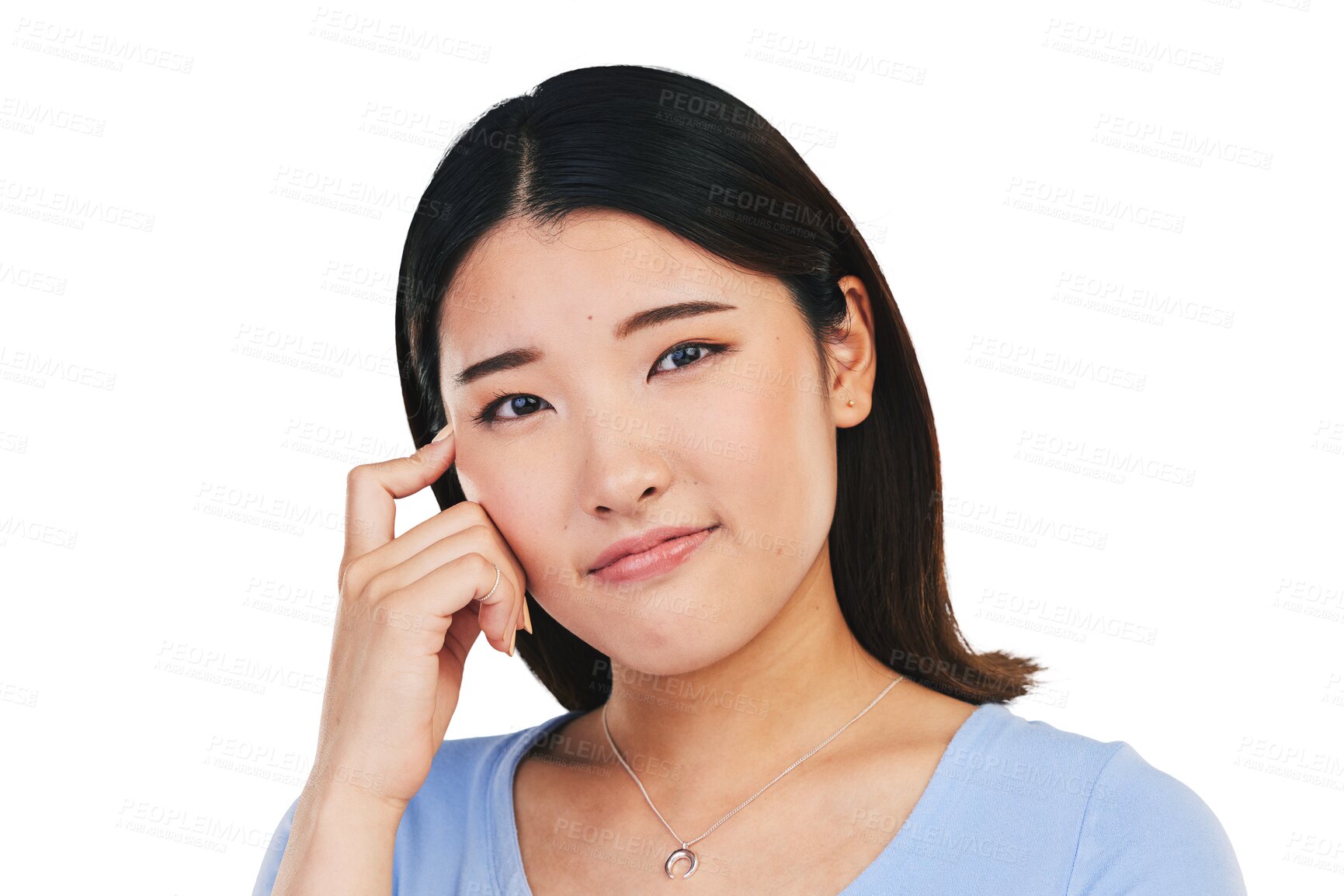 Buy stock photo Portrait, smile and Asian woman with ideas, solution and decision isolated on transparent background. Face, Japanese person and model with problem solving, thinking and choice with opportunity or png