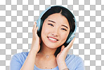 Portrait of happy Asian woman in studio with headphones for stre