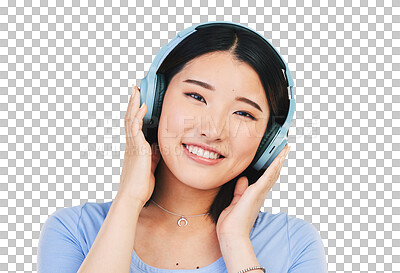 Buy stock photo Smile, headphones and woman in portrait, music and streaming radio or isolated on transparent png background. Happy asian person, podcast and hearing audio or song, playlist and sound for relaxing