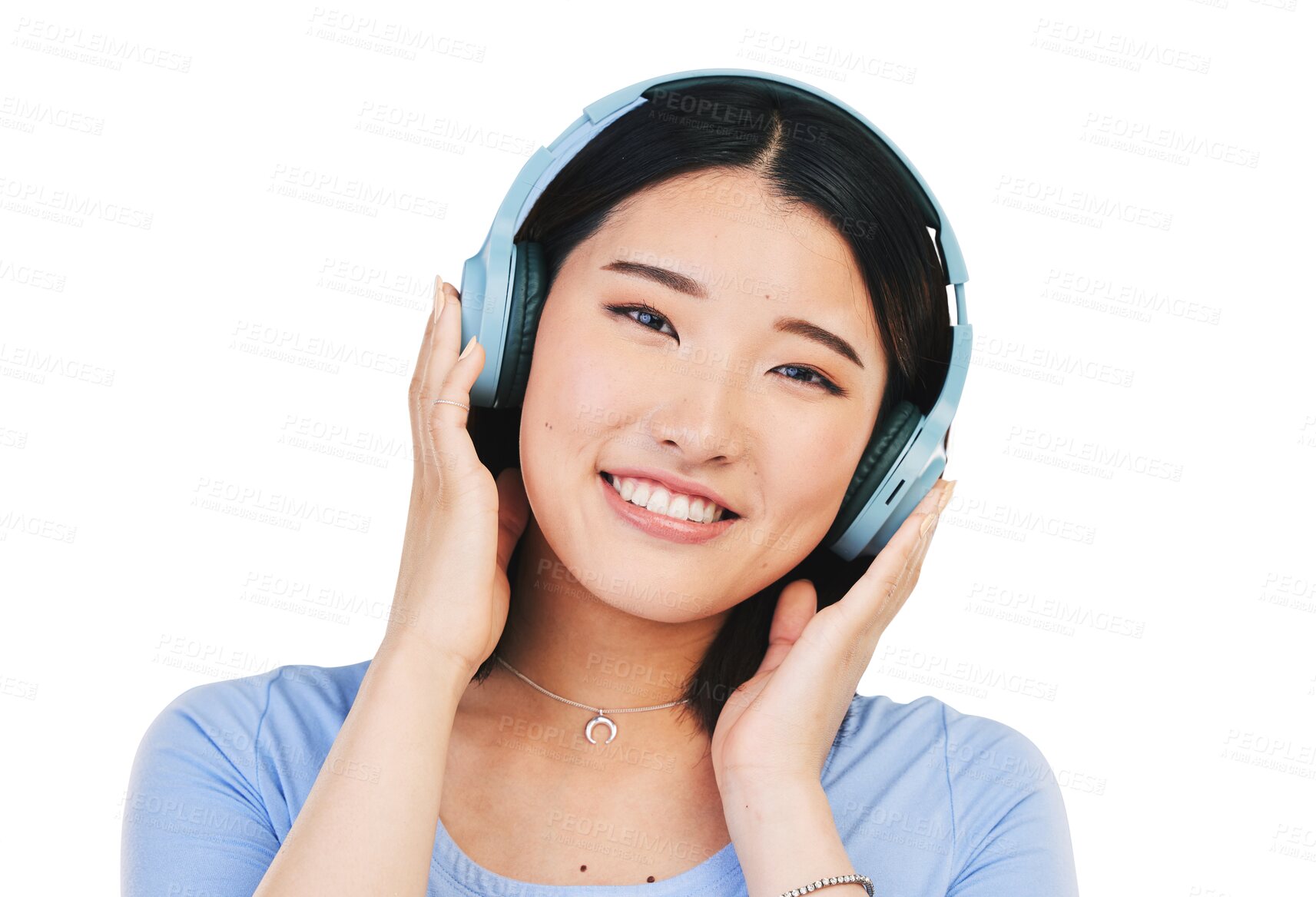 Buy stock photo Smile, headphones and woman in portrait, music and streaming radio or isolated on transparent png background. Happy asian person, podcast and hearing audio or song, playlist and sound for relaxing