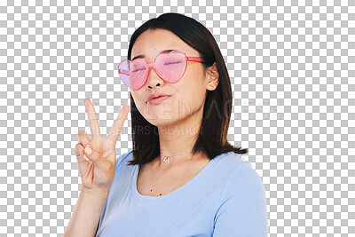 Buy stock photo Portrait, heart glasses and Asian woman with peace, sign and expression isolated on transparent background. Face, Japanese person or girl with funky eyewear, gen z style and icon with v symbol or png