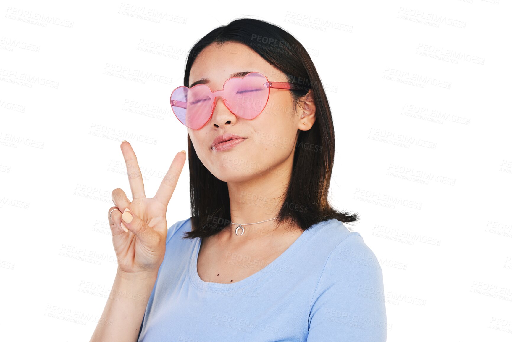 Buy stock photo Portrait, heart glasses and Asian woman with peace, sign and expression isolated on transparent background. Face, Japanese person or girl with funky eyewear, gen z style and icon with v symbol or png