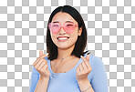 Happy asian woman, portrait and sunglasses with love hands, sign