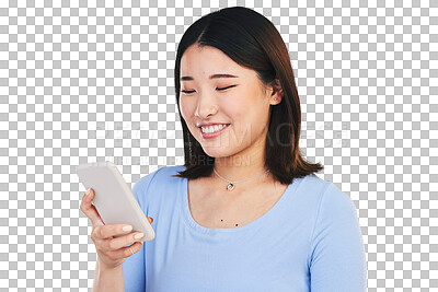 Buy stock photo Woman, smile and typing on phone, communication and connection or message, funny joke and comedy. Happy asian person, smartphone and laughing or humor, meme and isolated on transparent png background