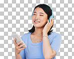 Music, headphones and happy Asian woman with phone for streaming