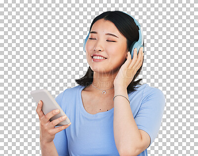 Buy stock photo Smile, headphones and woman or song, phone and streaming radio or isolated on transparent png background. Happy asian person, connection and hearing audio or music, playlist and sound on smartphone