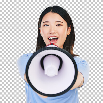 Buy stock photo Woman, smile and megaphone for speech, portrait and protest or face and voice. Happy asian person, speaker and sound or news, info and rally or propaganda and isolated on transparent png background