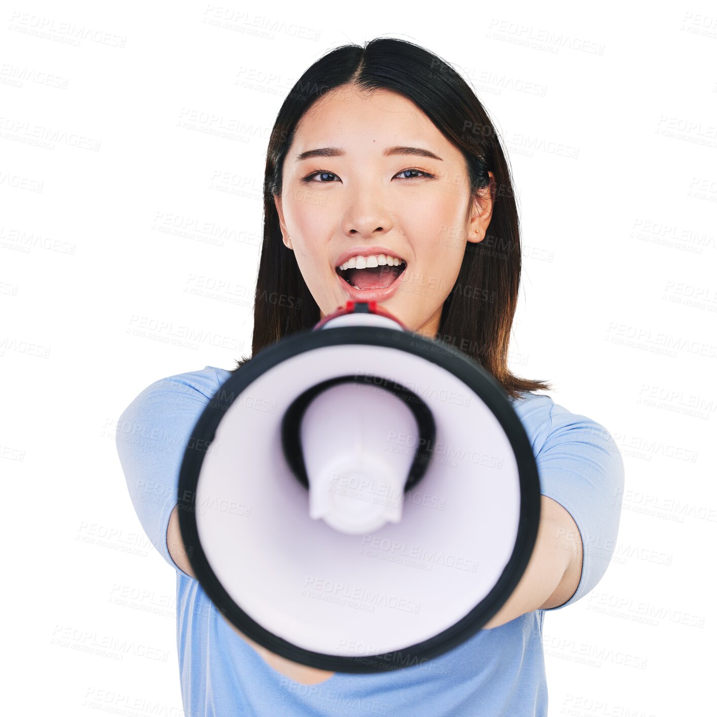 Buy stock photo Woman, smile and megaphone for speech, portrait and protest or face and voice. Happy asian person, speaker and sound or news, info and rally or propaganda and isolated on transparent png background