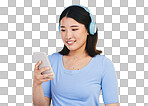 Woman, phone and headphones for listening, audio streaming and s