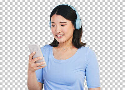 Buy stock photo Smile, headphones and woman or music, phone and streaming radio or isolated on transparent png background. Happy asian person, connection and hearing audio or song, playlist and sound on smartphone