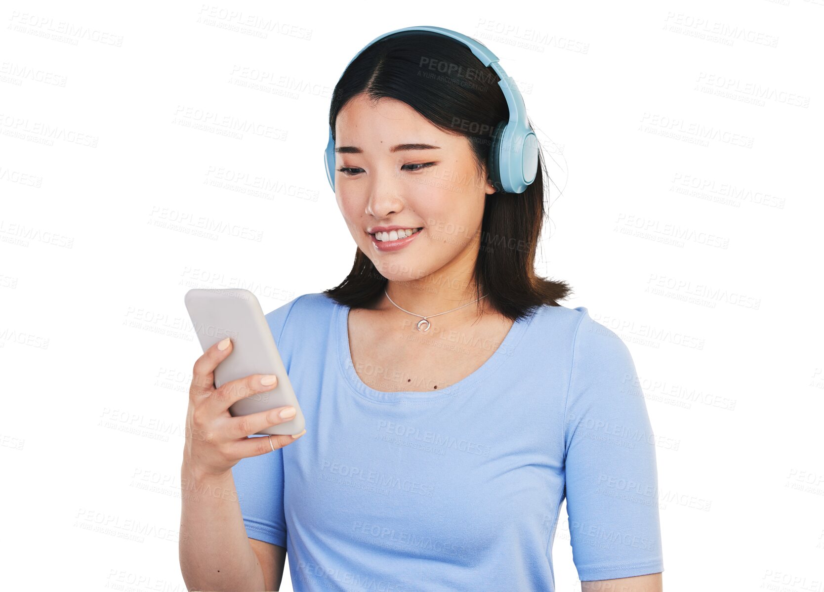 Buy stock photo Smile, headphones and woman or music, phone and streaming radio or isolated on transparent png background. Happy asian person, connection and hearing audio or song, playlist and sound on smartphone