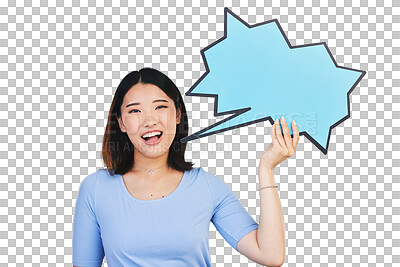 Buy stock photo Woman, portrait and speech bubble for communication or social media mockup, information or isolated transparent png background. Asian person, face and smile for text space or brand, opinion for voice