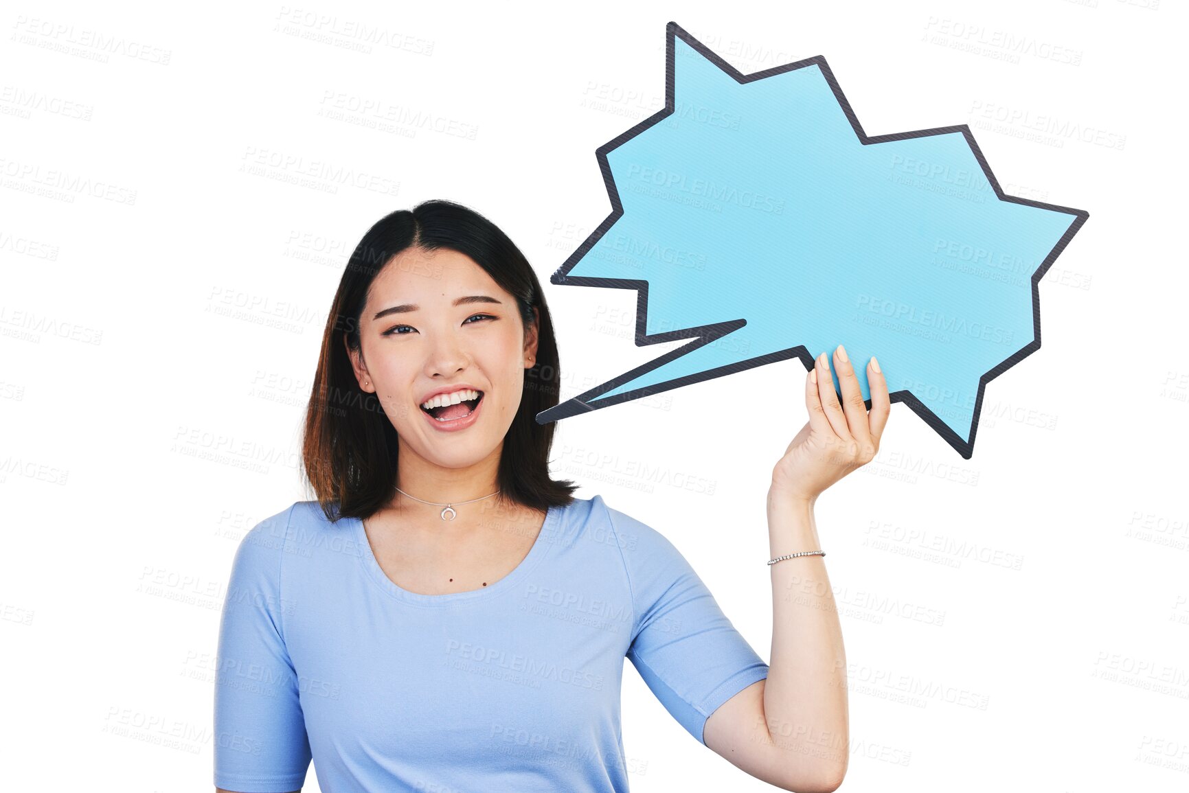 Buy stock photo Woman, portrait and speech bubble for communication or social media mockup, information or isolated transparent png background. Asian person, face and smile for text space or brand, opinion for voice