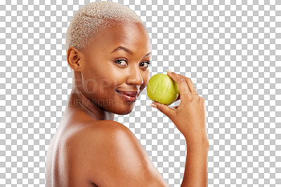 Buy stock photo Portrait, happy and black woman with apple for nutrition, health or wellness for diet. Female model, person and smile with natural, organic and green fruit on isolated or transparent png background
