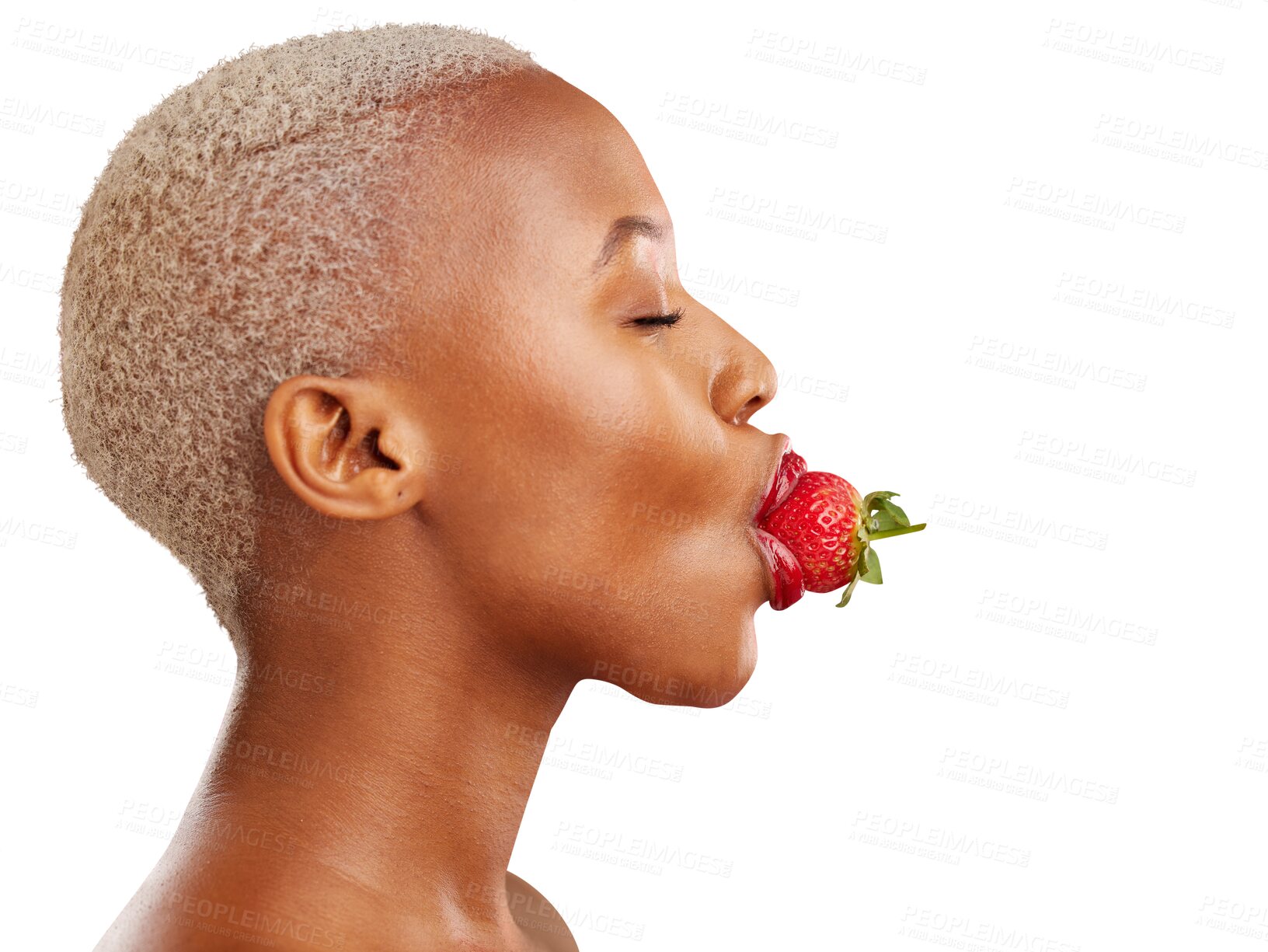 Buy stock photo Woman, strawberry and beauty with profile for skincare, wellness and healthy diet. African model, eyes closed and fruit in mouth on isolated or transparent png background for cosmetics for vitamin c