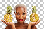 Woman, pineapple and studio portrait for skincare, beauty and di