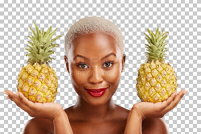 Buy stock photo Black woman, pineapple or portrait for skincare, beauty or diet for wellness, health or fruits. Face, cosmetics or African person with makeup or food choice isolated on transparent png background