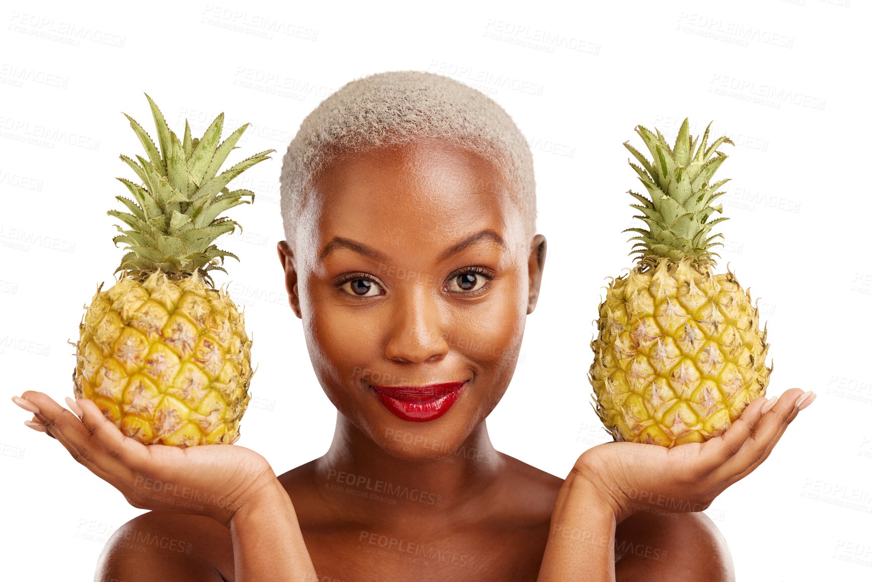 Buy stock photo Black woman, pineapple or portrait for skincare, beauty or diet for wellness, health or fruits. Face, cosmetics or African person with makeup or food choice isolated on transparent png background