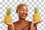 Pineapple, beauty and face of a woman in studio for healthy food
