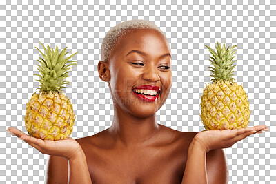 Buy stock photo Black woman, smile or pineapple skincare, diet nutrition or beauty for wellness, health or fruits. Happy, cosmetics or African person with makeup or food choice isolated on transparent png background
