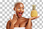 Pineapple, surprise and beauty of a woman in studio for healthy