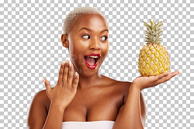 Buy stock photo Pineapple, surprise and beauty of woman for healthy food, diet or fruit with natural cosmetics. Black person, model and makeup for glow, skincare benefits and isolated on transparent png background