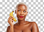 Beauty, phone call and woman with a banana or acting angry, pret