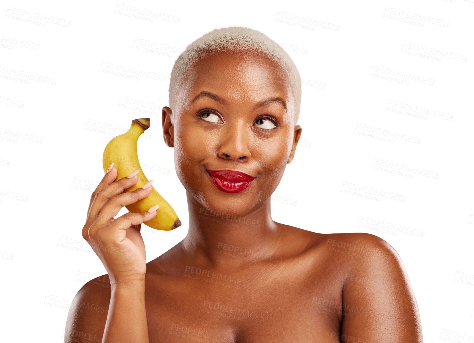 Buy stock photo Beauty, phone call and face of woman with banana and fake conversation isolated on png transparent background. Playful, black person and mobile communication, acting annoyed and funny chat with fruit