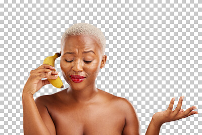 Buy stock photo Black woman, beauty and banana phone call for playful, cosmetics or review on isolated, transparent or png background. Fruit, makeup and African wellness model with fake, conversation or skincare
