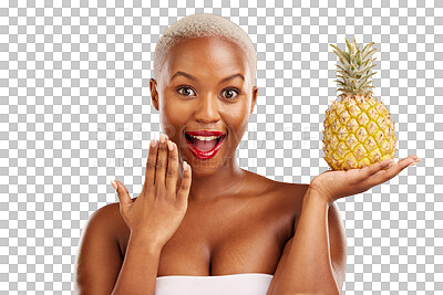 Buy stock photo Portrait, woman and shock with pineapple for beauty of organic, fresh and natural cosmetics. African model, surprise and fruit for nutrition on isolated or transparent png background for skincare