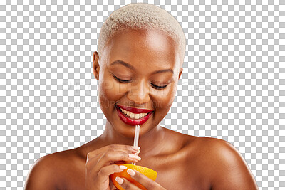 Buy stock photo Happy, black woman and orange for diet, weight loss or nutrition on isolated, transparent and png background. Fruit, citrus and African model with juice for body detox, wellness and vitamin c drink