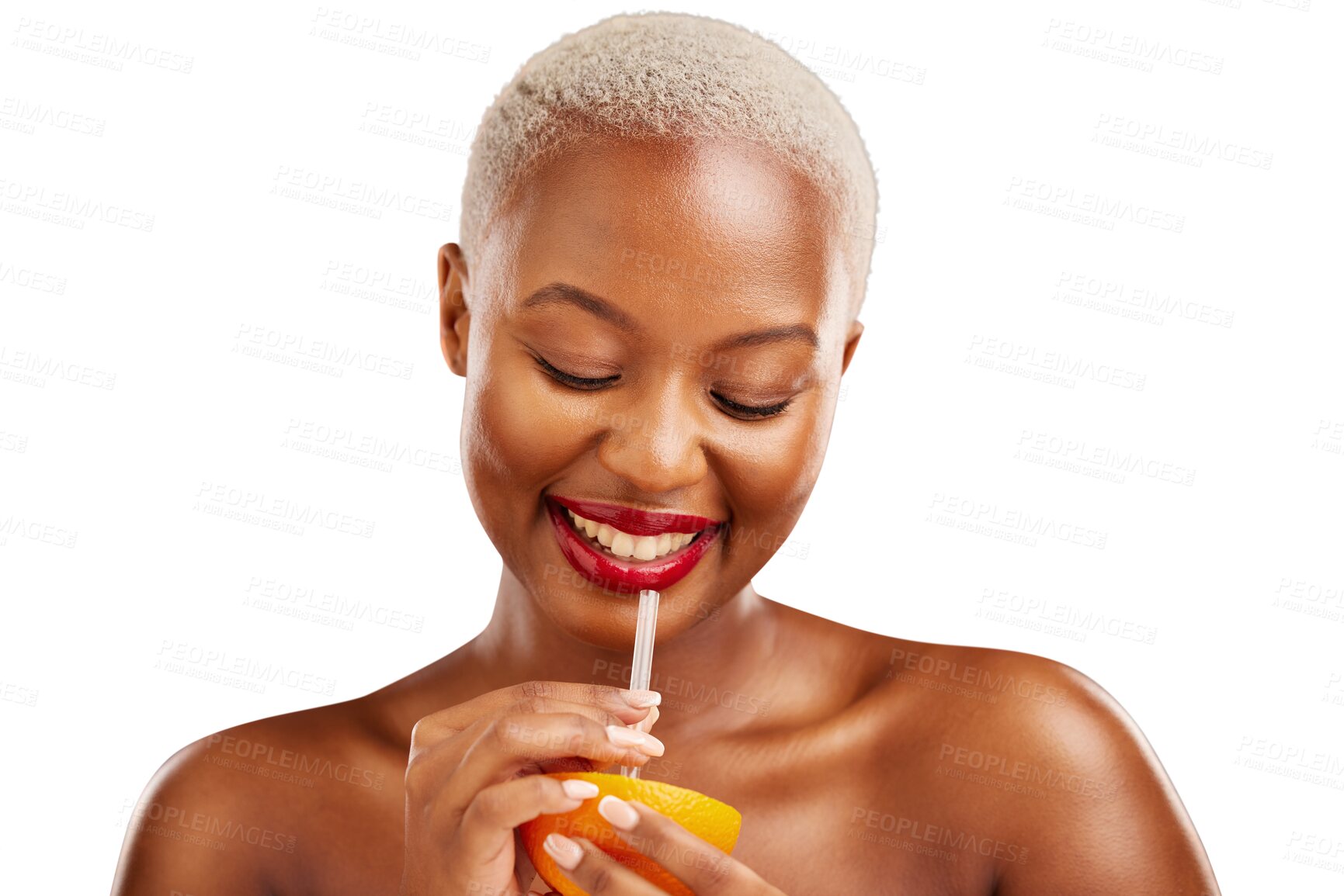 Buy stock photo Happy, black woman and orange for diet, weight loss or nutrition on isolated, transparent and png background. Fruit, citrus and African model with juice for body detox, wellness and vitamin c drink