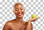 Happy black woman, apple and natural nutrition for healthy diet