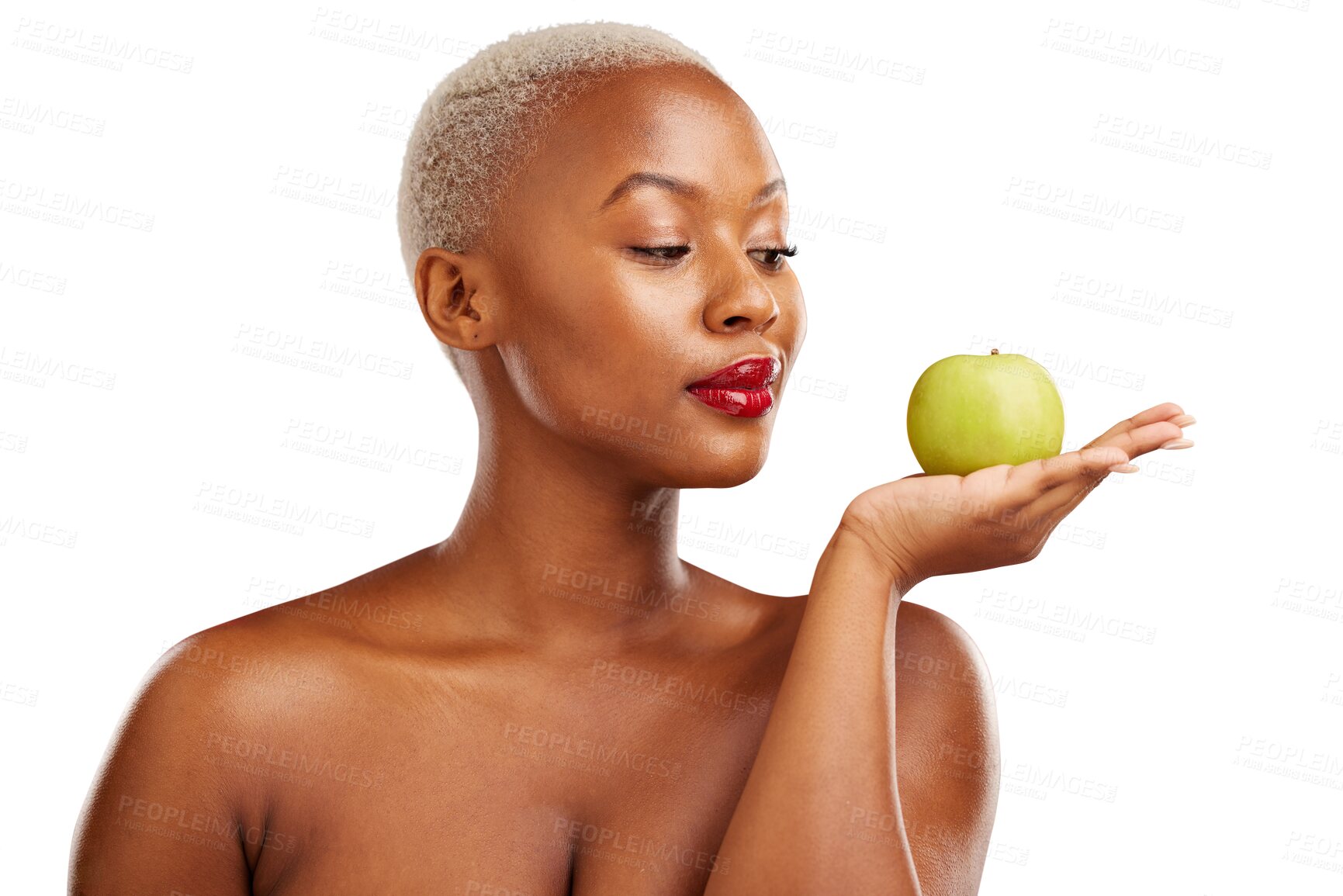 Buy stock photo Black woman, hand or apple for skincare, health or diet nutrition for wellness, beauty or fruit. Palm, vitamin c or African person with food choice or snack isolated on transparent png background