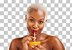 Black woman, portrait and drinking orange for vitamin C, diet or