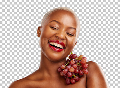 Buy stock photo Happy black woman, smile or grapes for skincare, health or diet nutrition for wellness, beauty or fruit. Face, hydration or African person with food choice isolated on transparent png background